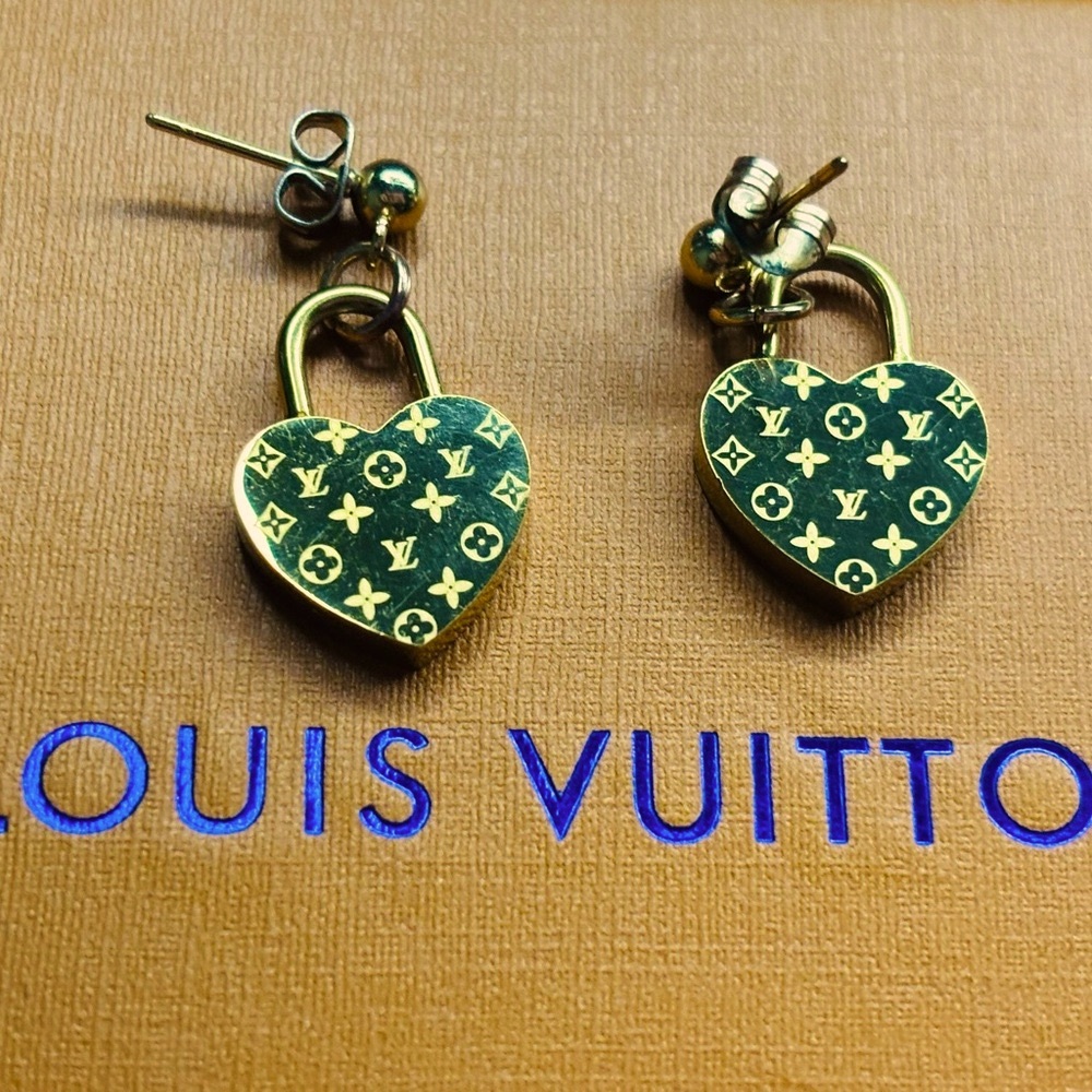 Louis Vuitton Gold Heart Monogram Padlock Earrings - Picture 7 of 11